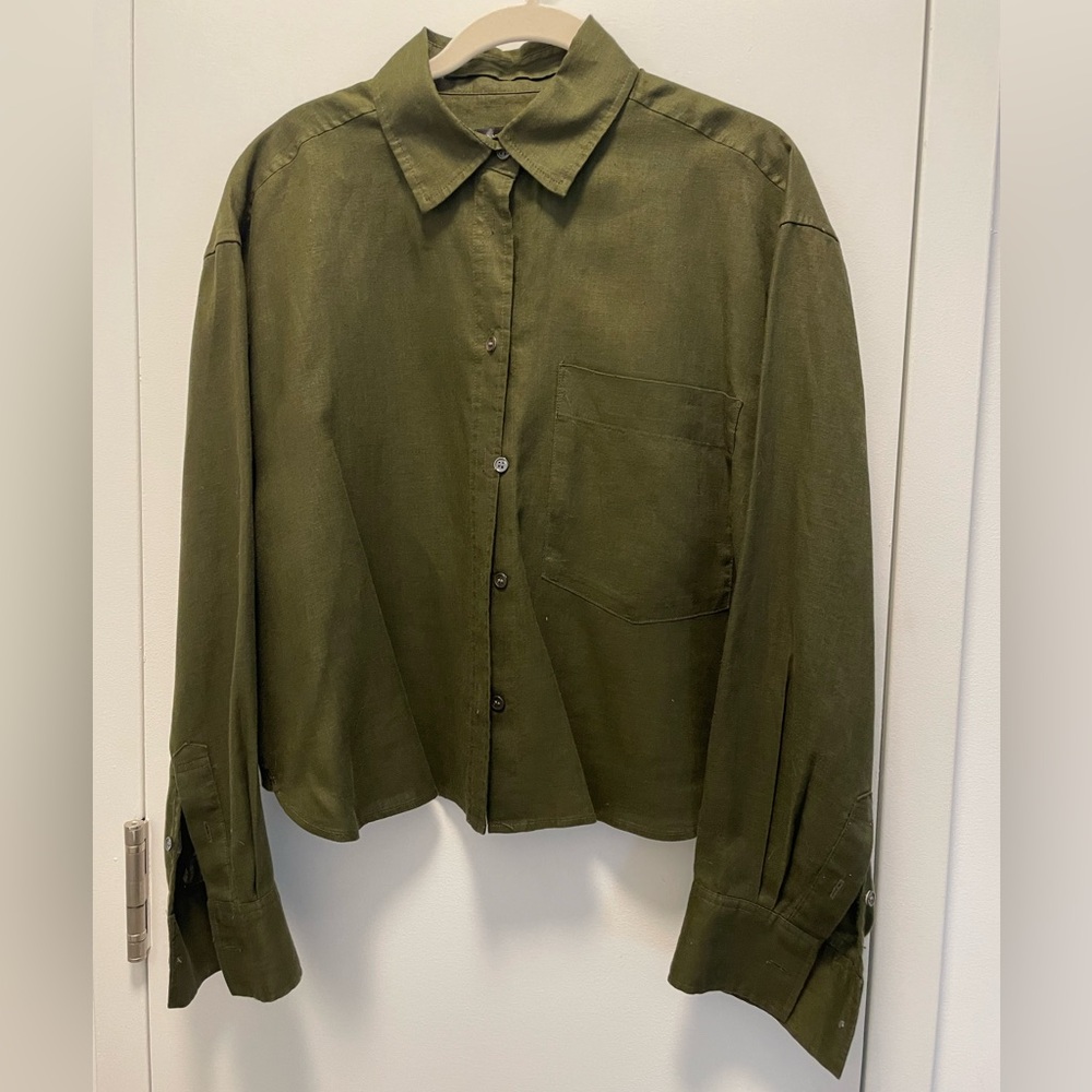 Olive Green Linen Button-Up Shirt